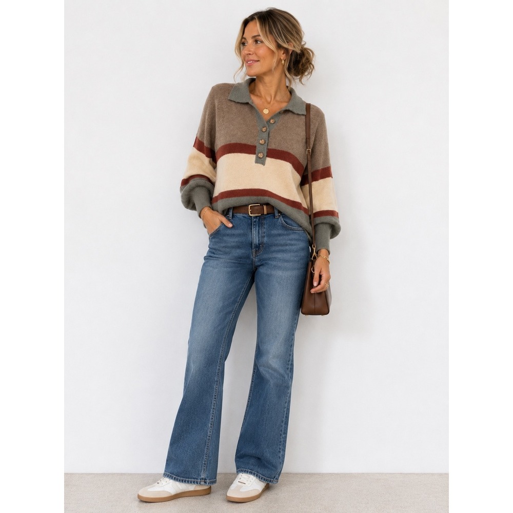 Krush Polo Sweater Medium Striped Colorblock Knit Long Sleeve Casual
